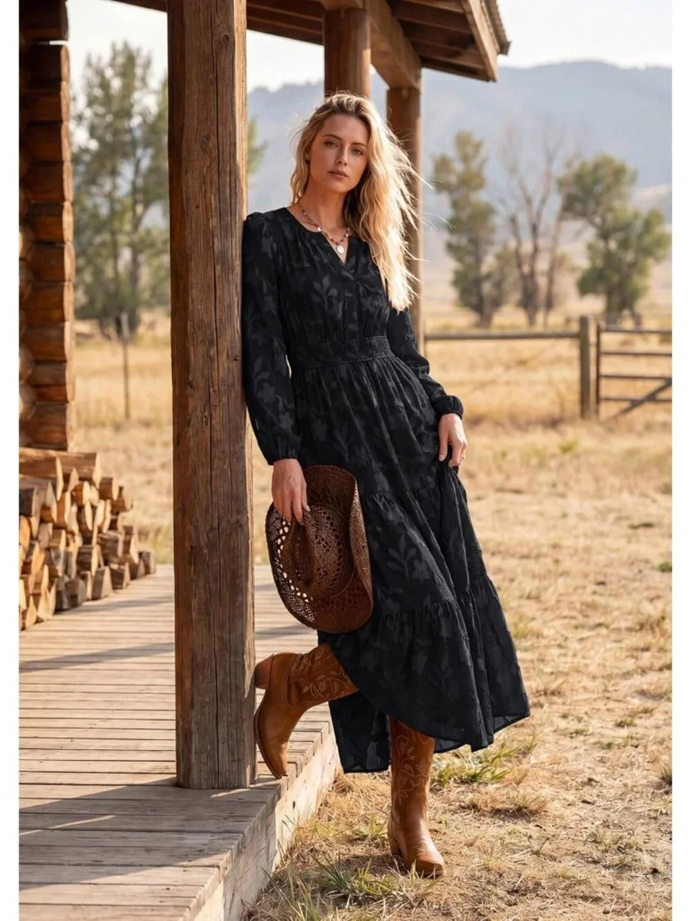 Women's Black Long Sleeve V Neck Elastic Waist A Line Imported Maxi Dress - Picture 3 of 6